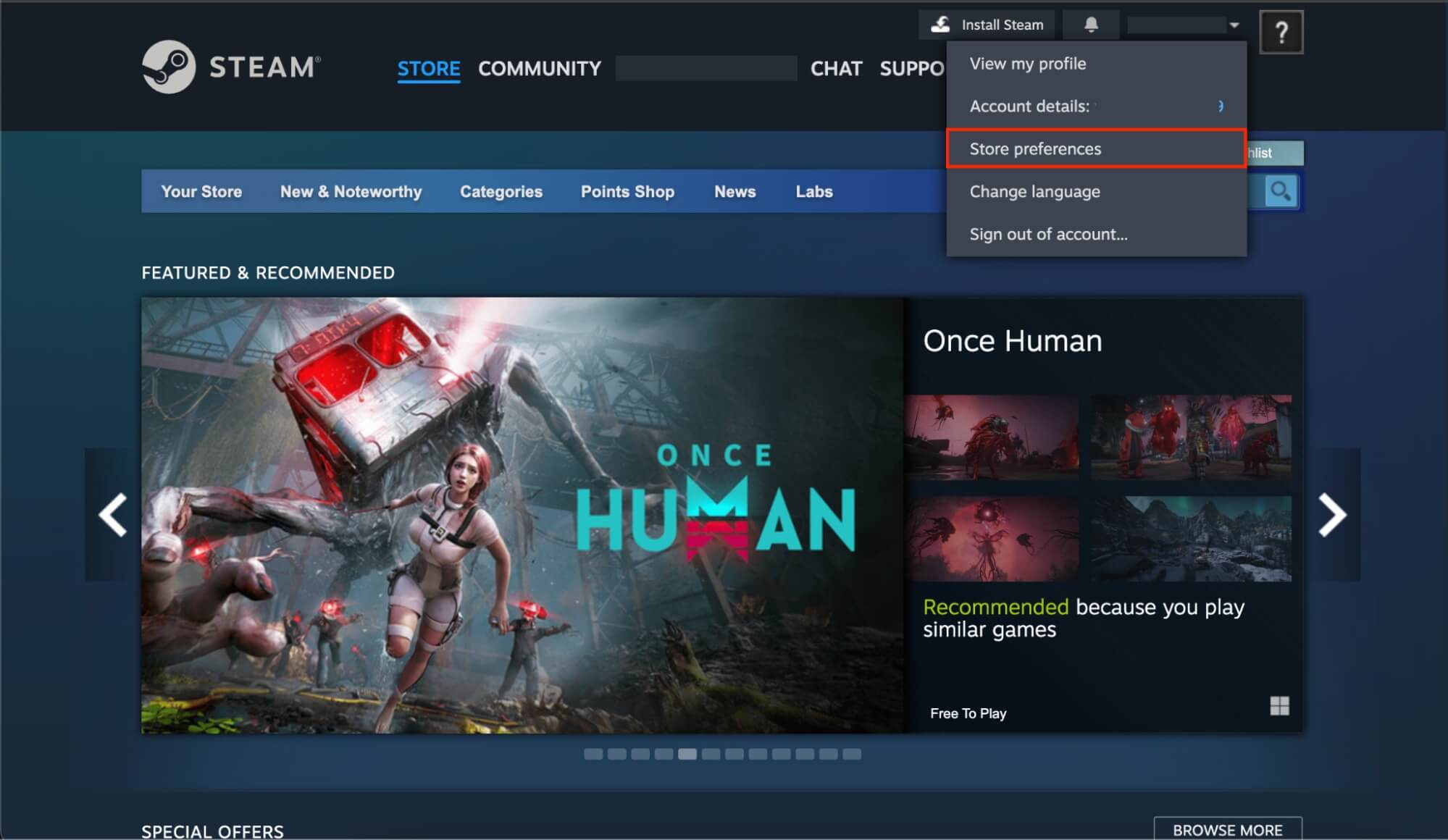 How to Search for Porn Games on Steam Step 2: Open the drop-down menu on the top-right corner and select "Store Preferences."