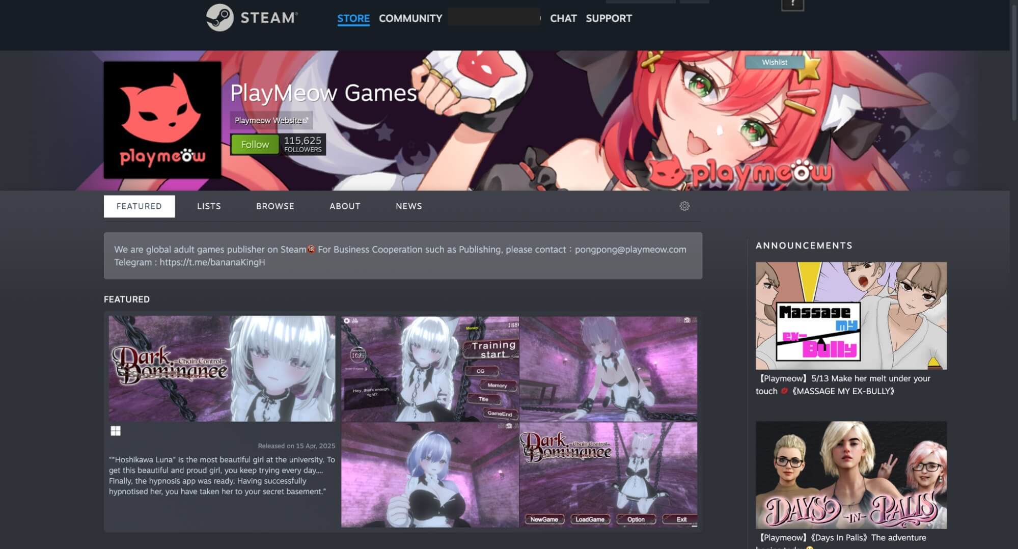 Following adult developers on Steam to see their full list and get notifications on updates and new titles.